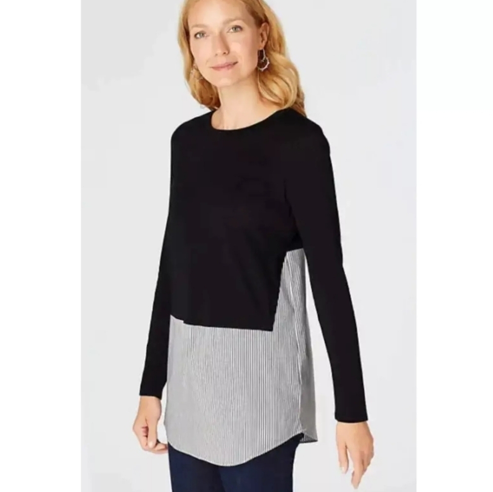 J. Jill Mixed Media Black White Stripe Tunic Top Size L